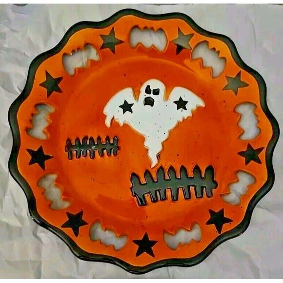 Rare Garden Ridge Halloween 4 Plates Ghost Witch Haunted House Cat Moon Star Bat - Picture 3 of 8